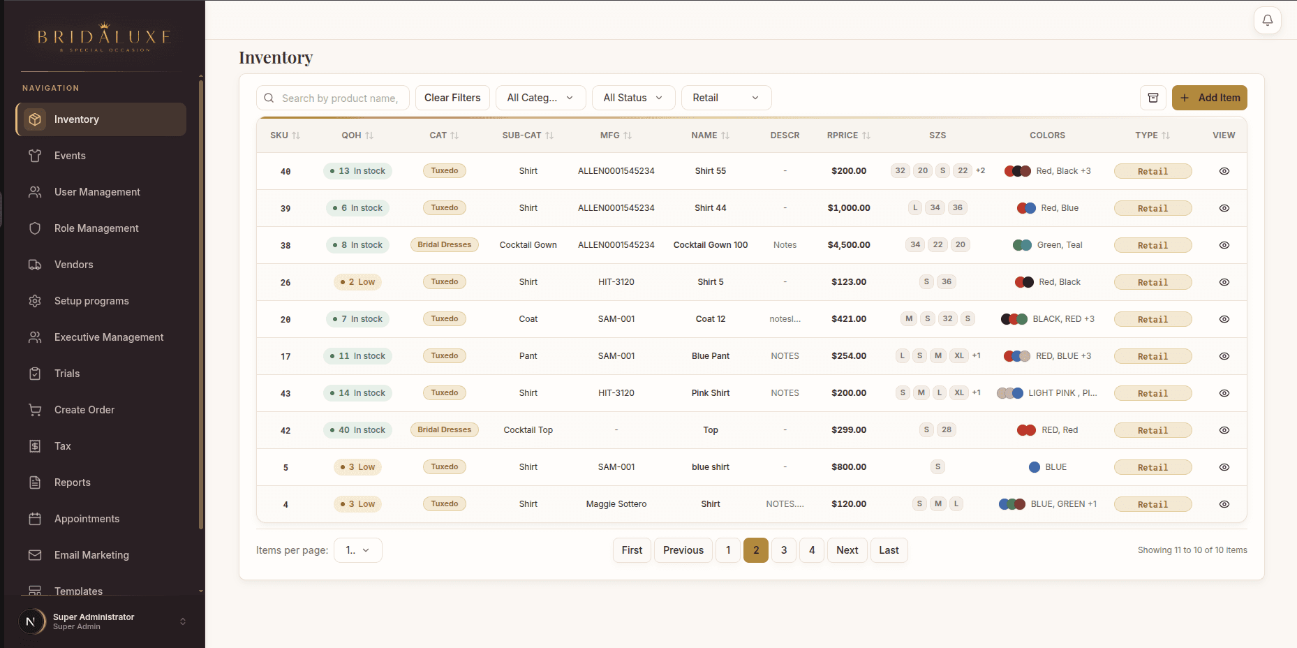 BridaLuxe inventory management screen